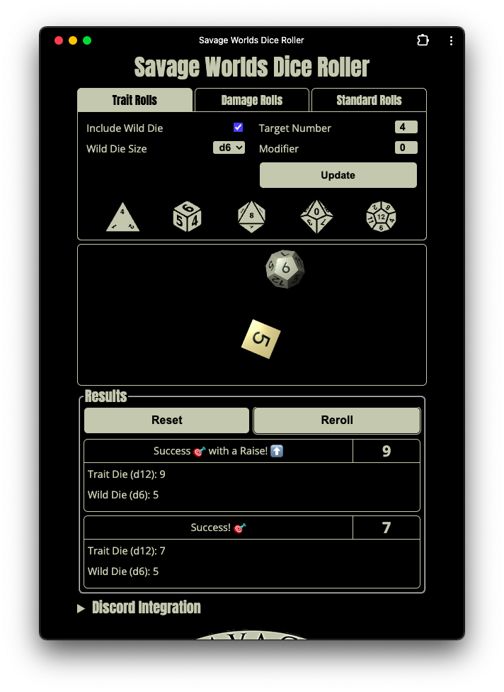 The dice roller app with 3d dice displayed and a history of rerolls.